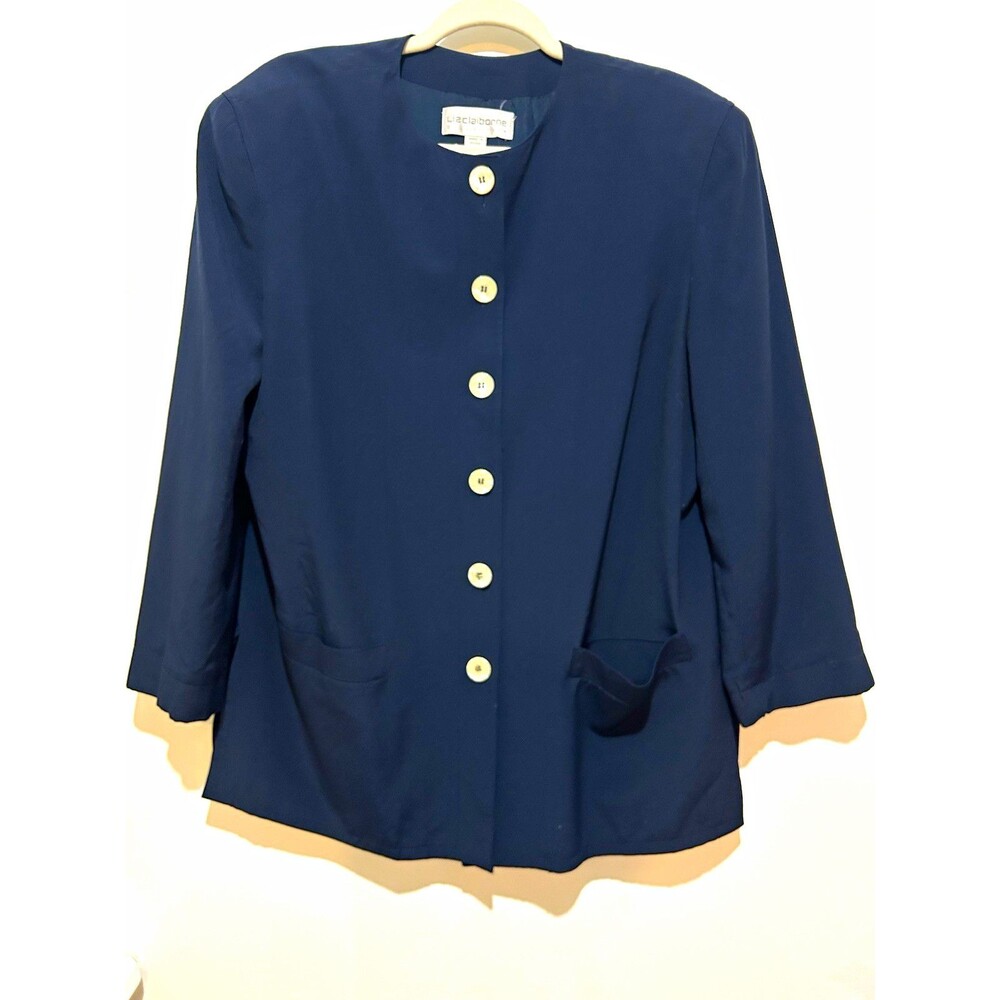 Liz Claiborne Womens Navy Solid Button Down Blouse Lined Pockets Long Sleeve 10